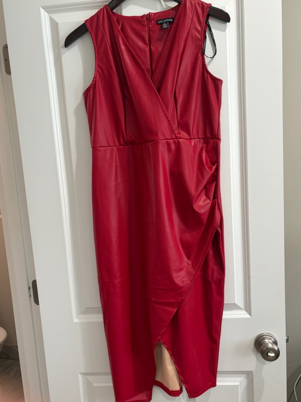 Nina Leonard Red S Faux-Leather Midi Dress
